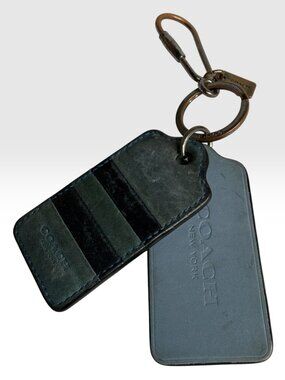 Coach Leather Striped Keychain — Antique Brass Hardware, Unisex Bag Charm